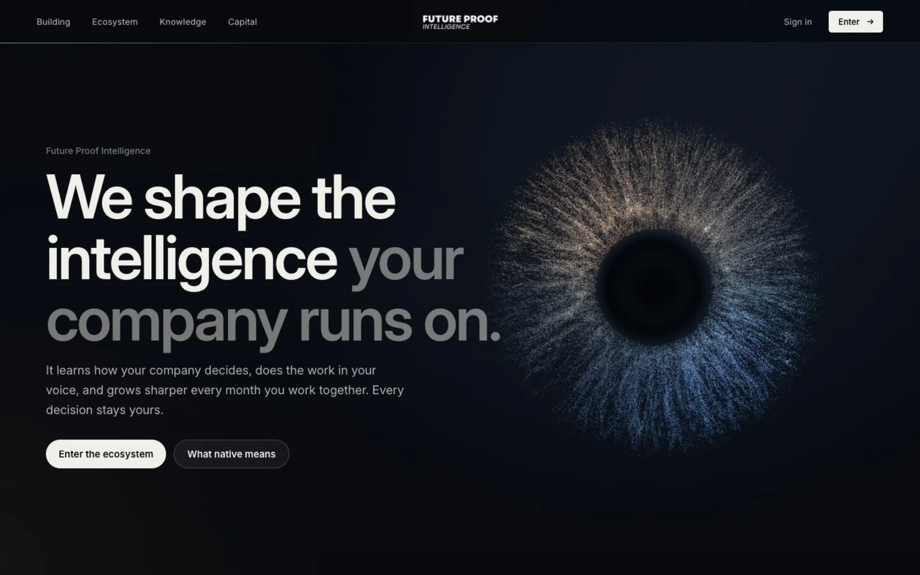 The opening of the Future Proof Intelligence site: an eye drawn in points of light