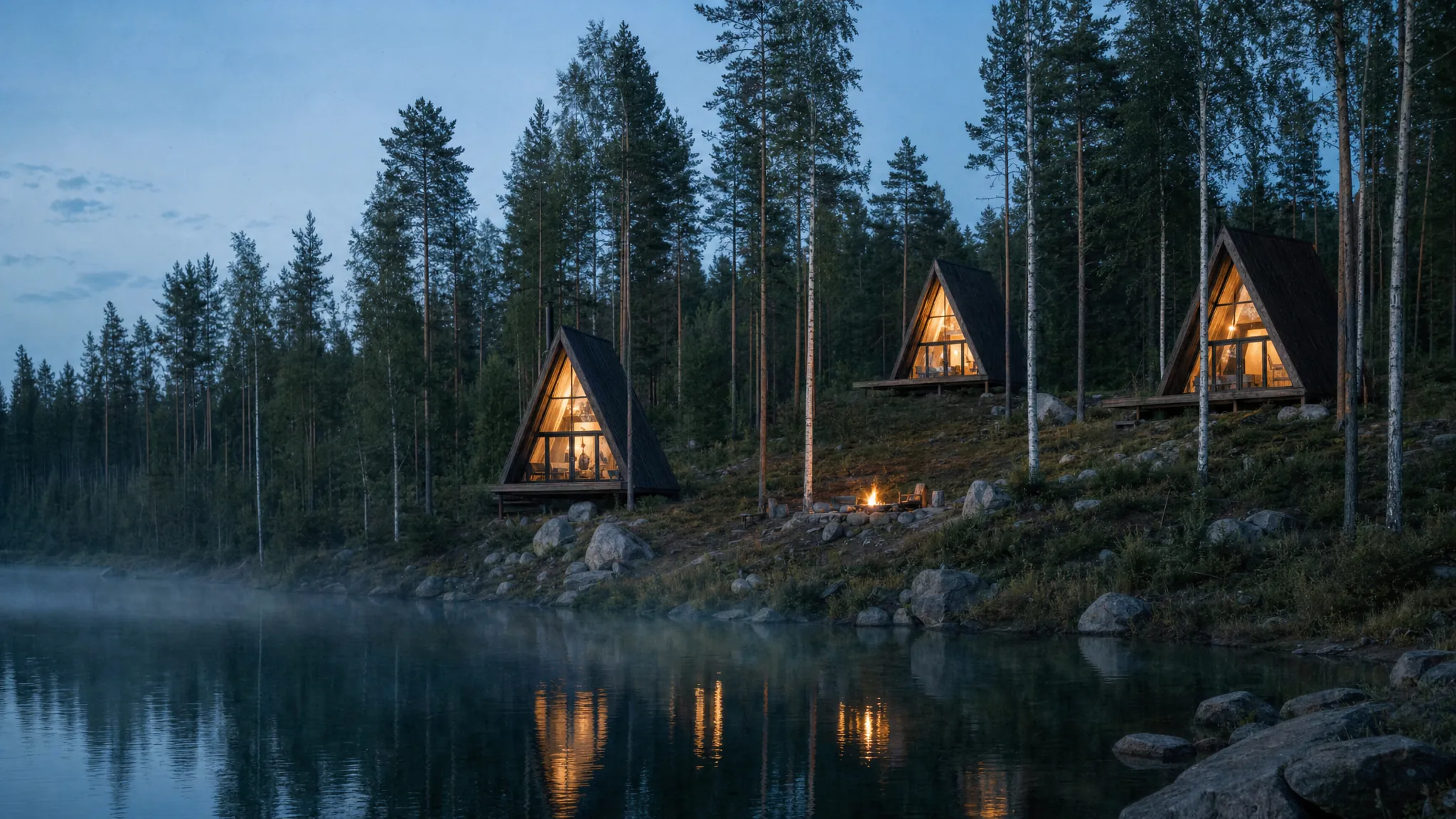 Three wooden A-frames lit from inside among pines at dusk, a small fire on the slope above a still lake