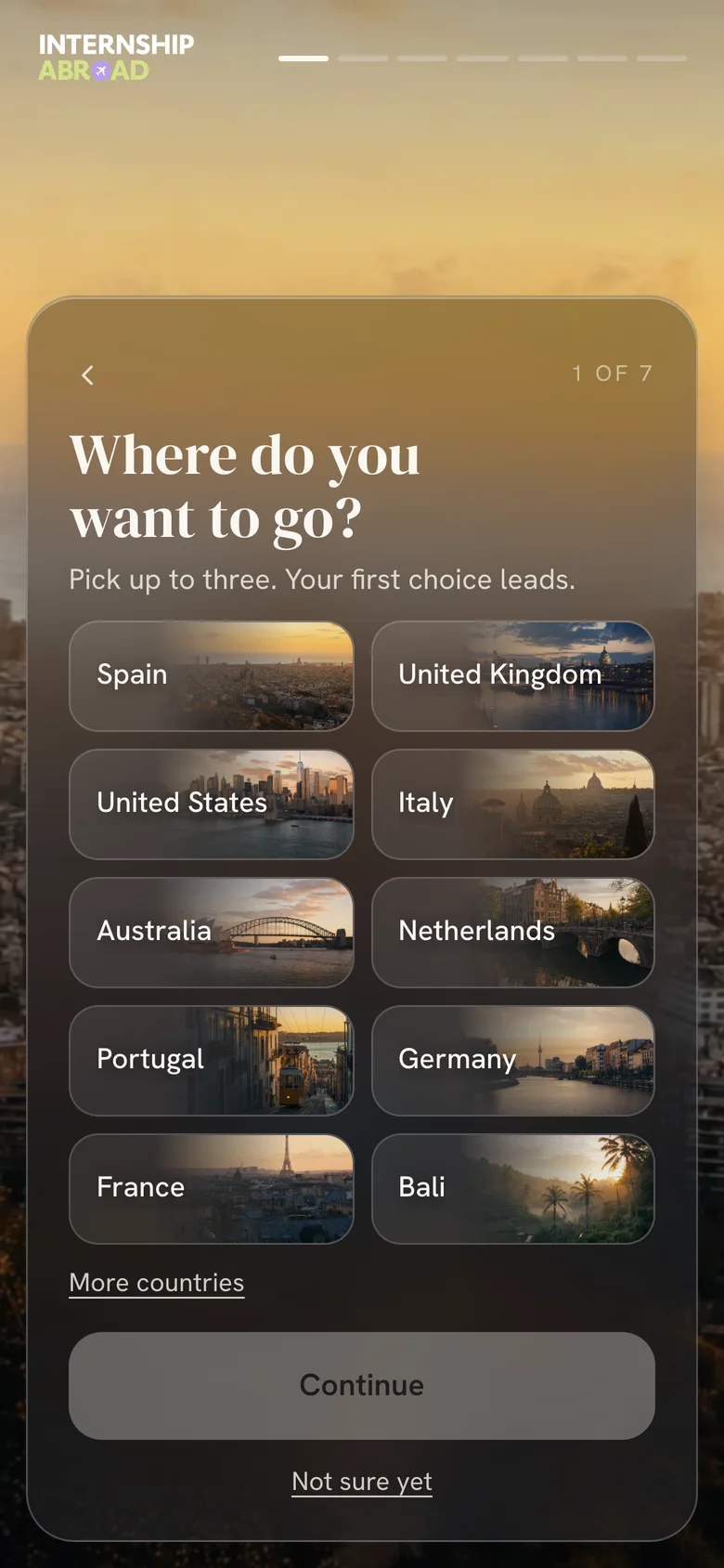 The Internship Abroad start screen