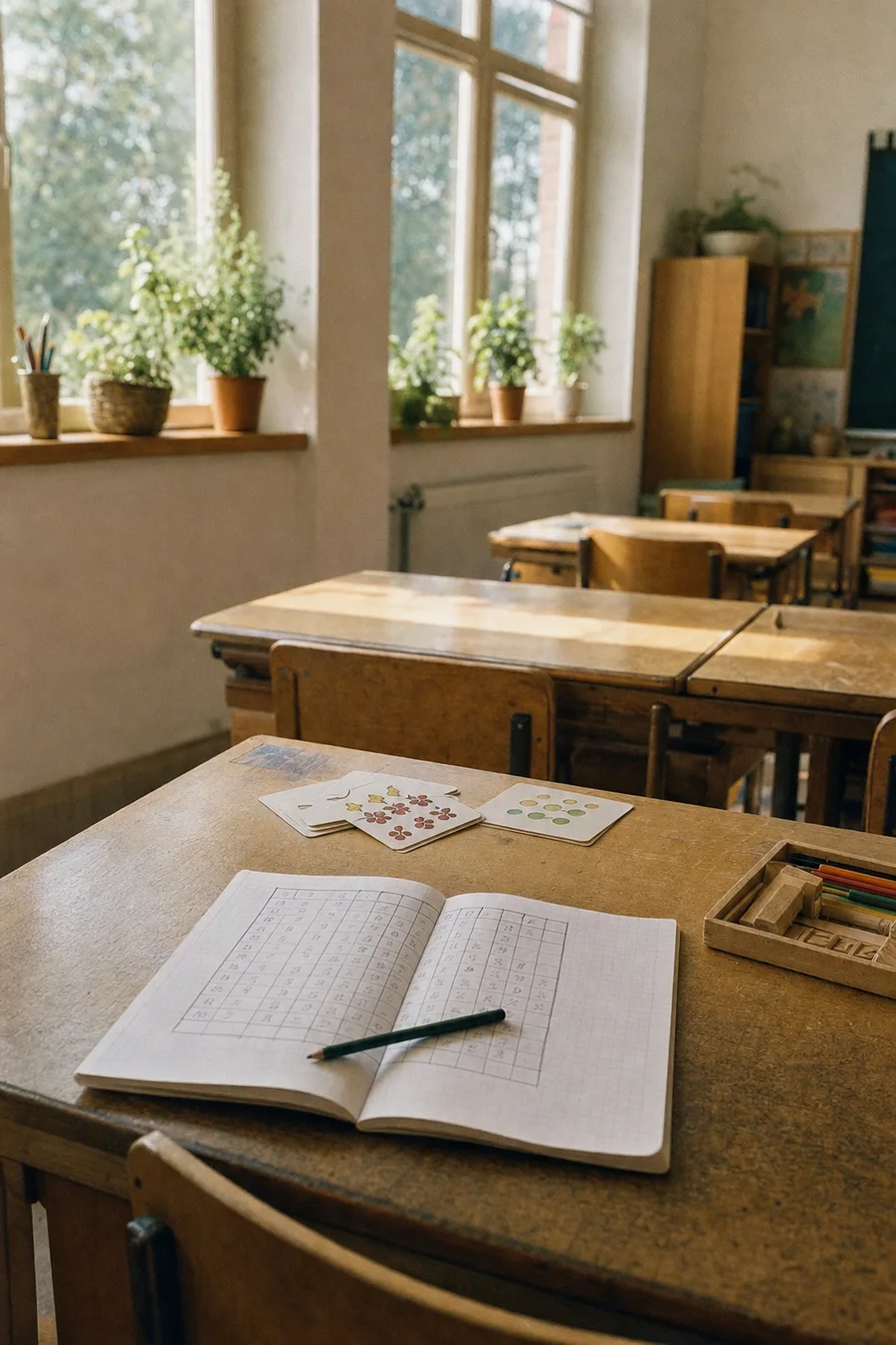 An elementary school classroom in morning light