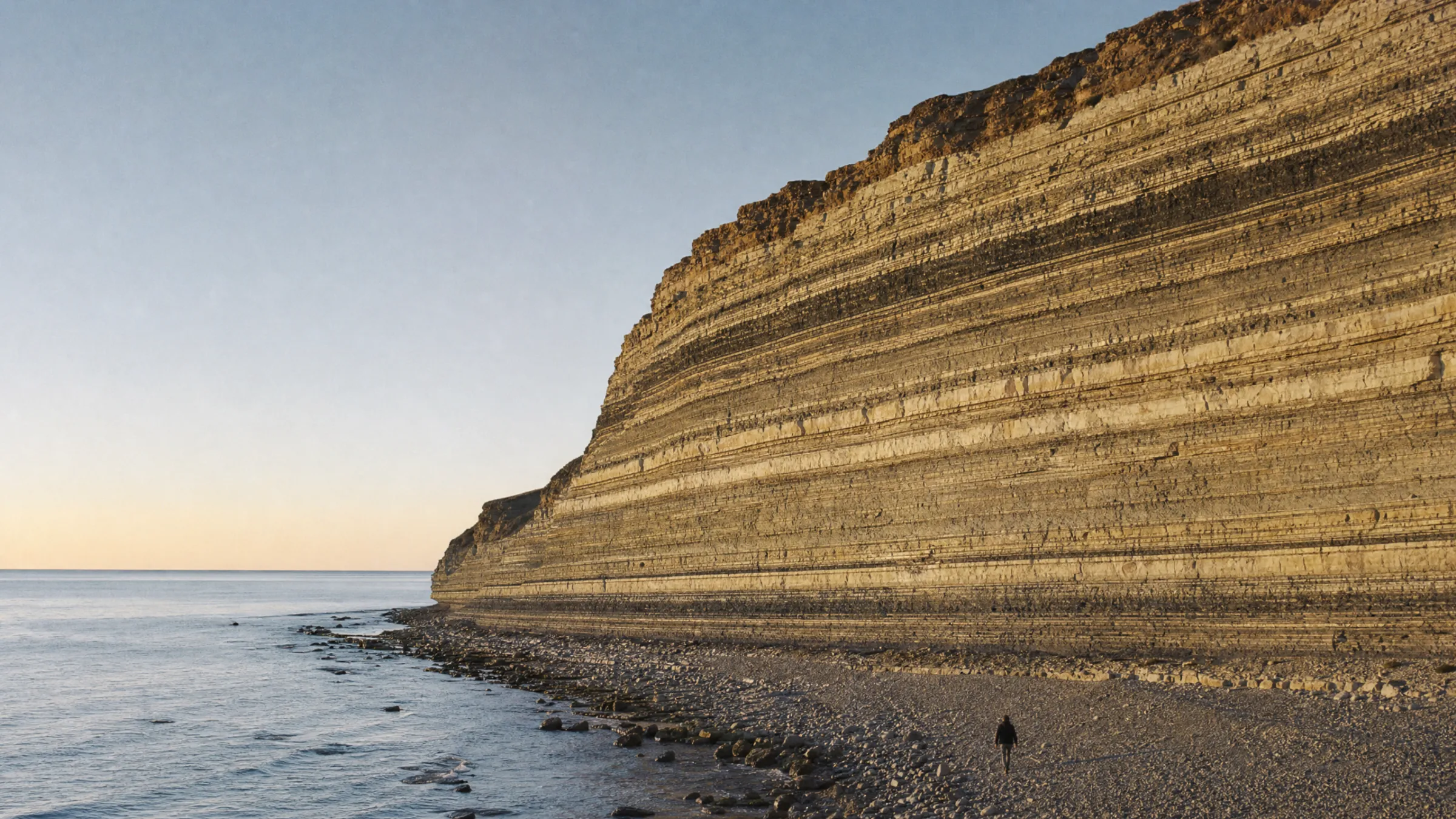 A tall sea cliff of exposed rock layers in low sunlight, a tiny figure walking on the shore below
